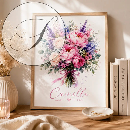Affiche personnalisée prénom avec bouquet floral aquarelle rose violet bleu -cadeau maman