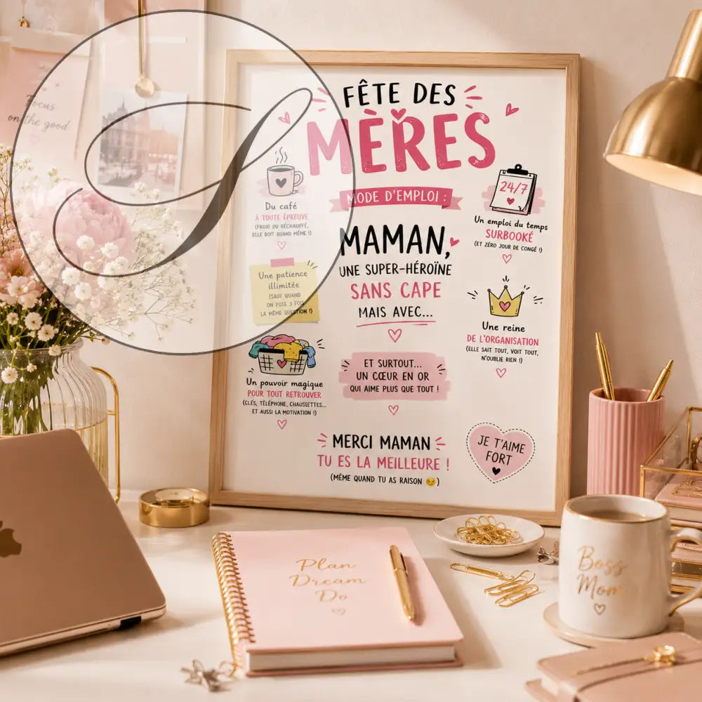 Affiche encadrée fête des mères rose et blanche avec accents dorés et illustrations ludiques