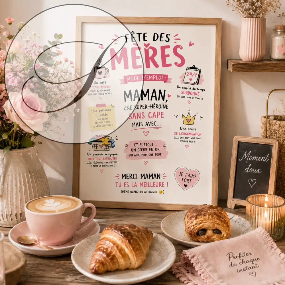 Affiche fête des mères avec cadre rose, texte ludique et illustrations colorées