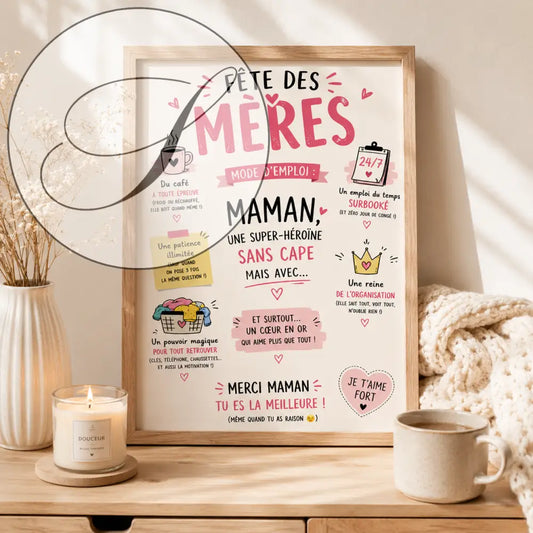 Un poster encadré fête des mères fgg avec texte rose et noir sur fond crème illustré de tasses de café et cœurs