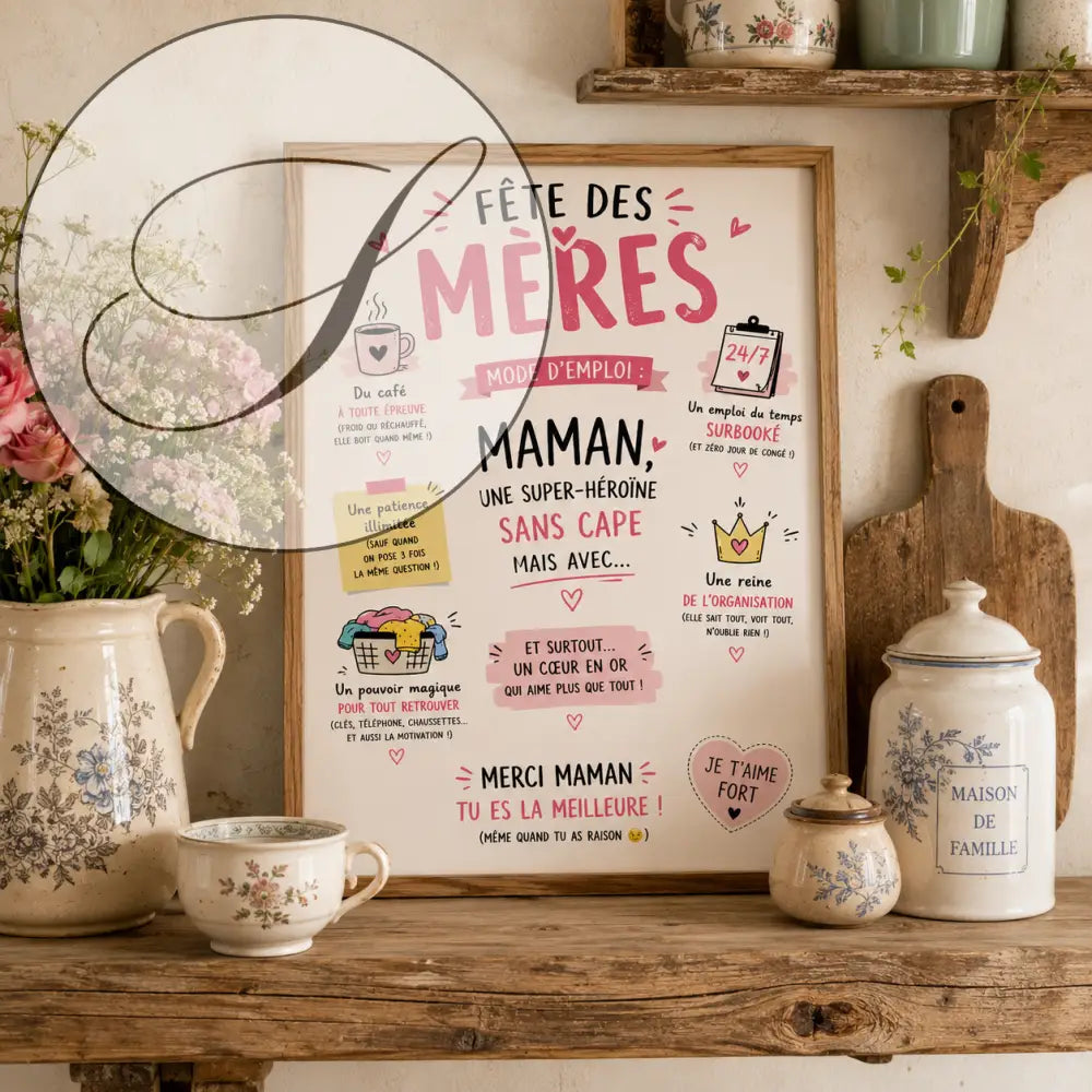 Affiche fête des mères encadrée avec texte rose et noir, tasses de café, paniers à linge et couronnes