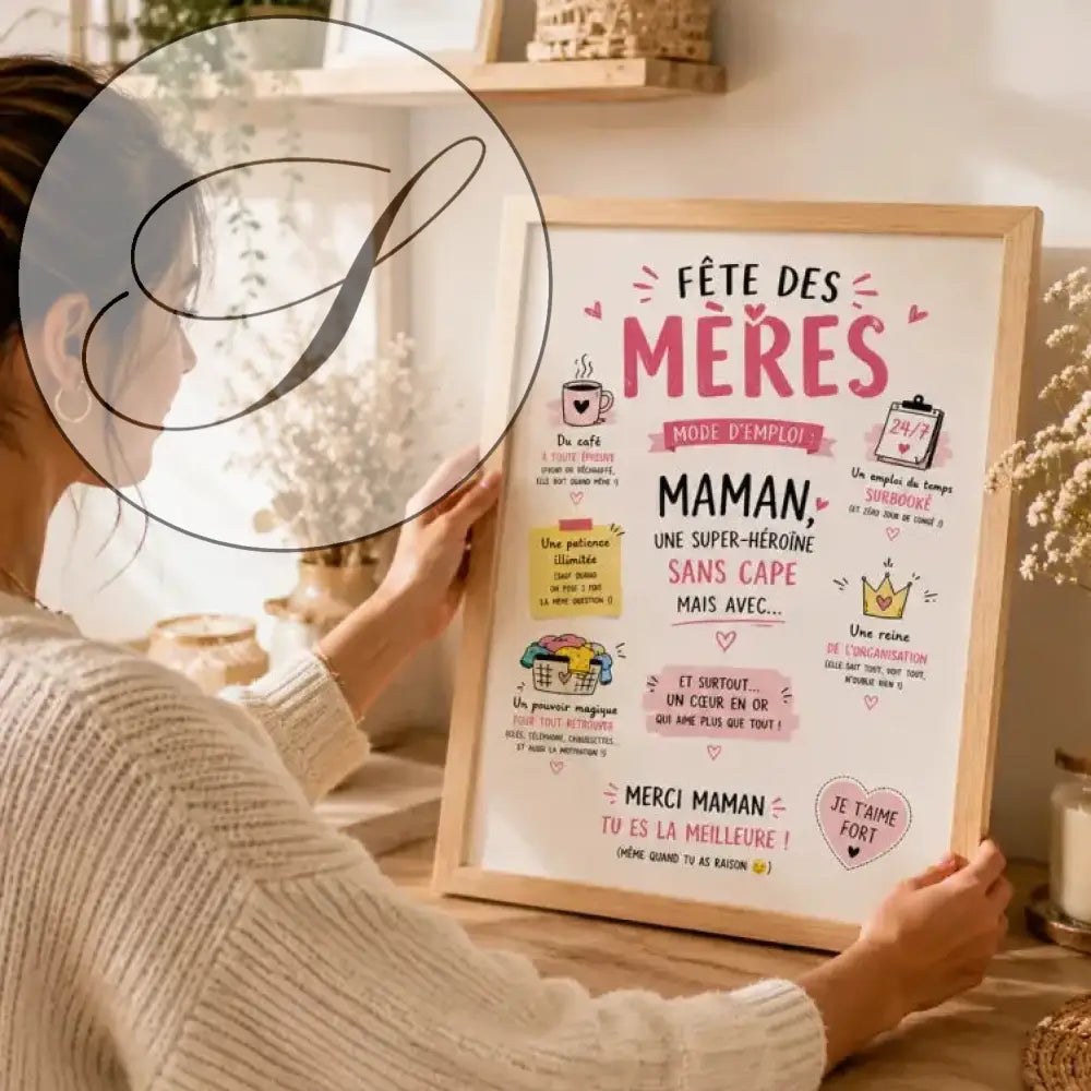 Un poster cadre fête des mères avec texte rose et blanc, icônes illustrées, cadre en bois pour décoration murale
