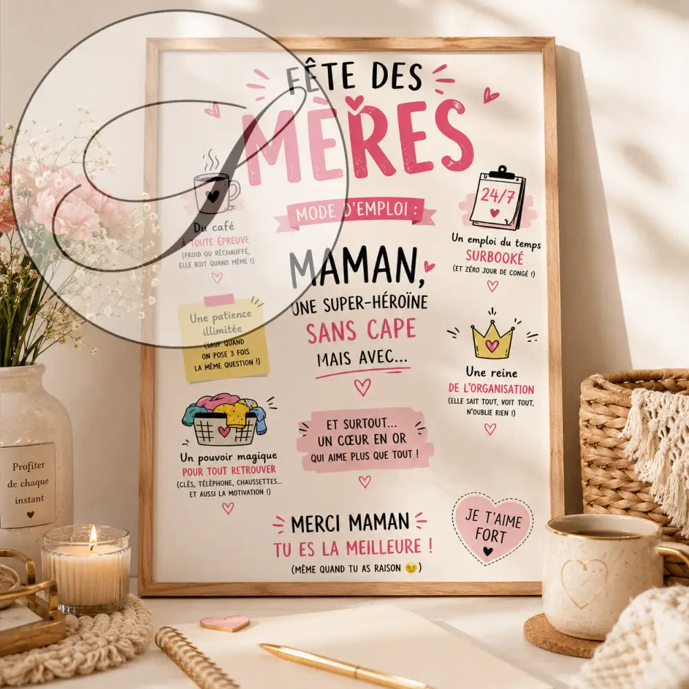 Affiche encadrée fête des mères fgg avec texte rose et noir illustration de tasses café notes autocollantes et couronnes