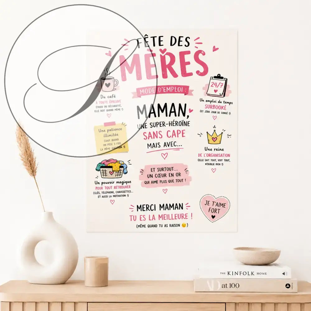 Affiche fête des mères rose et blanc avec texte ludique, cœurs et icônes illustrés