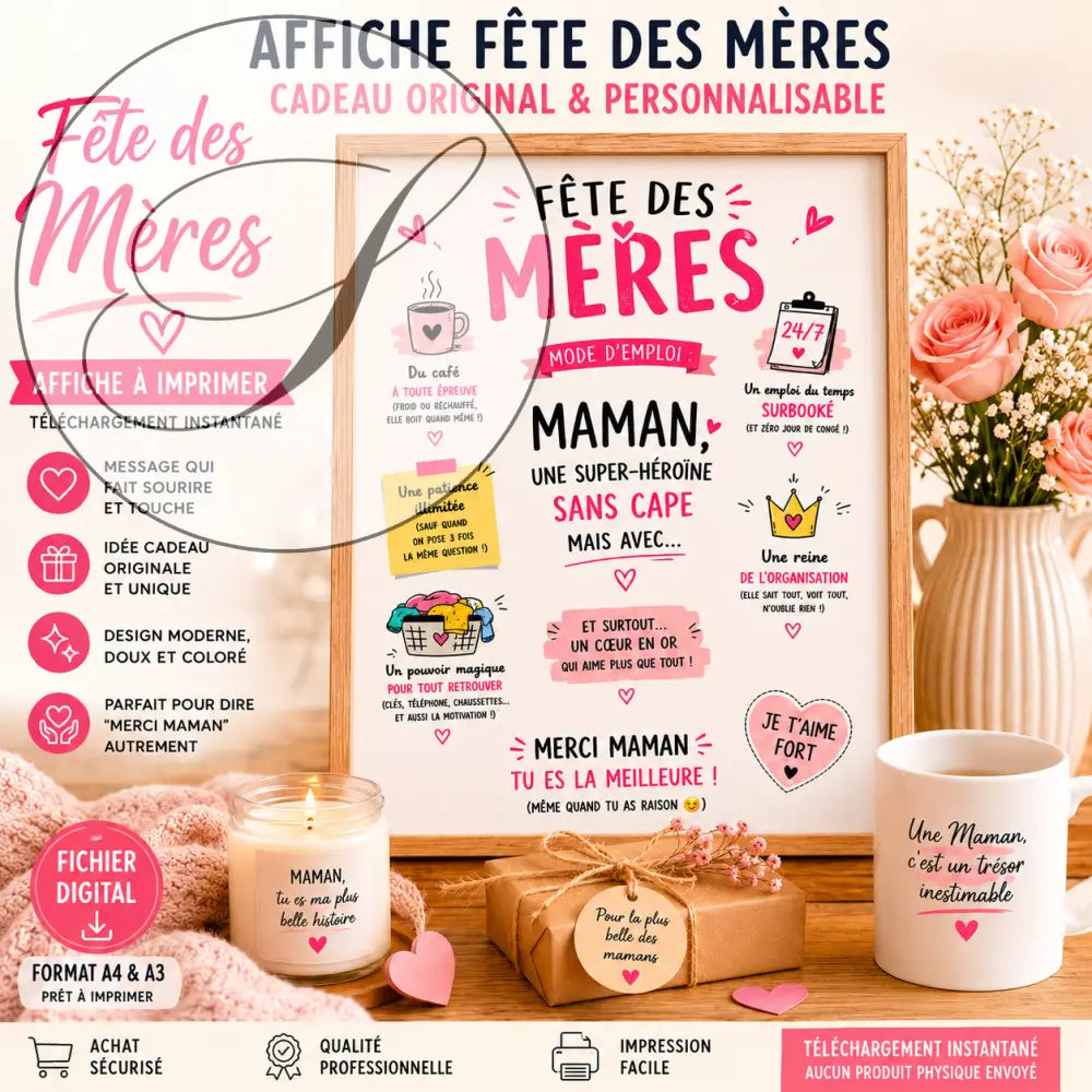 Affiche maman super héroïne avec texte rose et noir, illustrations de coeur et tasse de café dessinée pour cadeau maman original