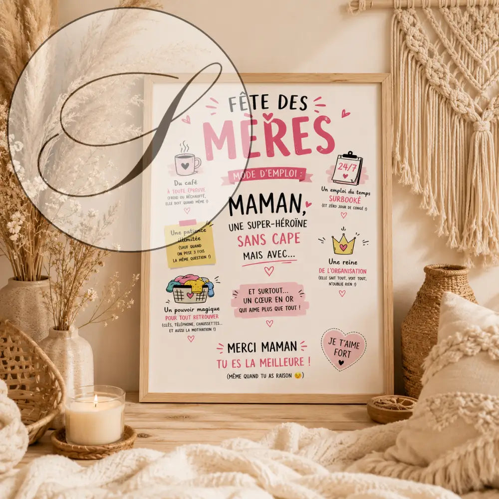 Affiche fête des mères encadrée avec texte rose et noir, tasse de café, corbeille et couronne