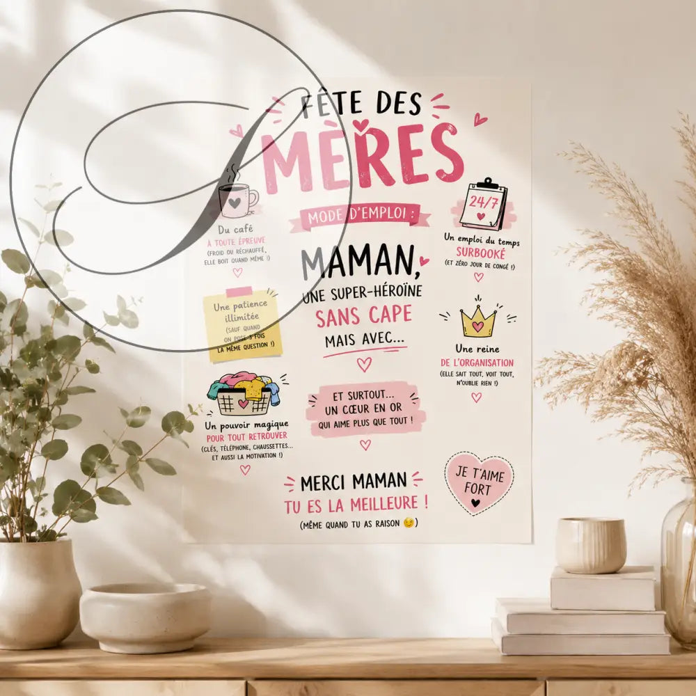 Affiche fête des mères rose et blanche avec illustrations ludiques célébrant les mamans super-héroïnes