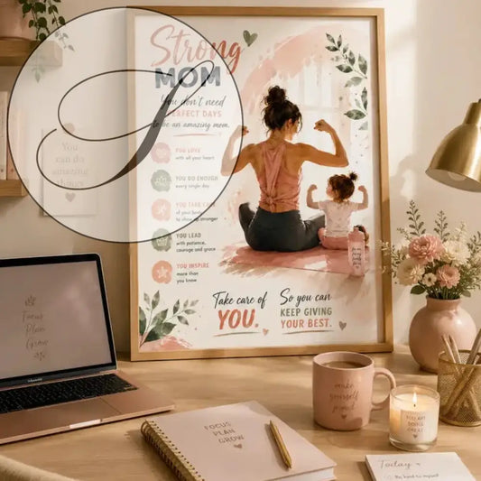 Un poster encadré gg avec une illustration aquarelle de mère et enfant en tons roses bordée de feuillage vert