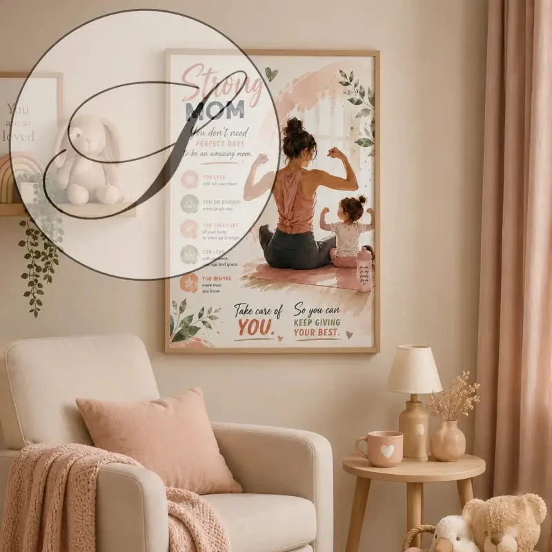 Un poster encadré gg avec une illustration rose et beige d’une mère faisant de la musculation avec son enfant
