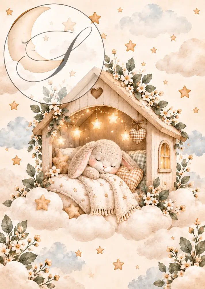 Affiche bébé lapin endormi dans une maisonnette en bois fleurie avec guirlande lumineuse, tons crème et doré