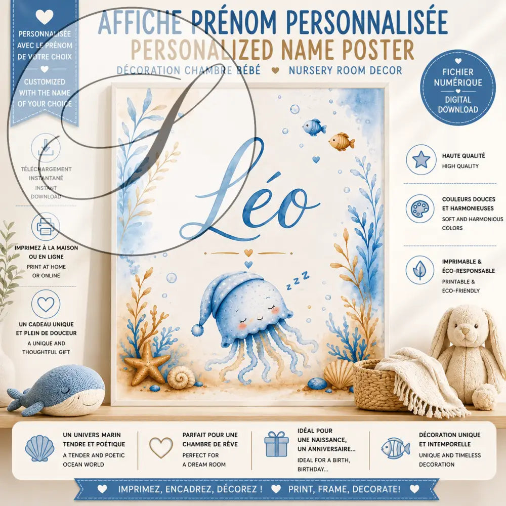 Personalized A4 name print with a smiling blue jellyfish and watercolour ocean details, digital baby gift
