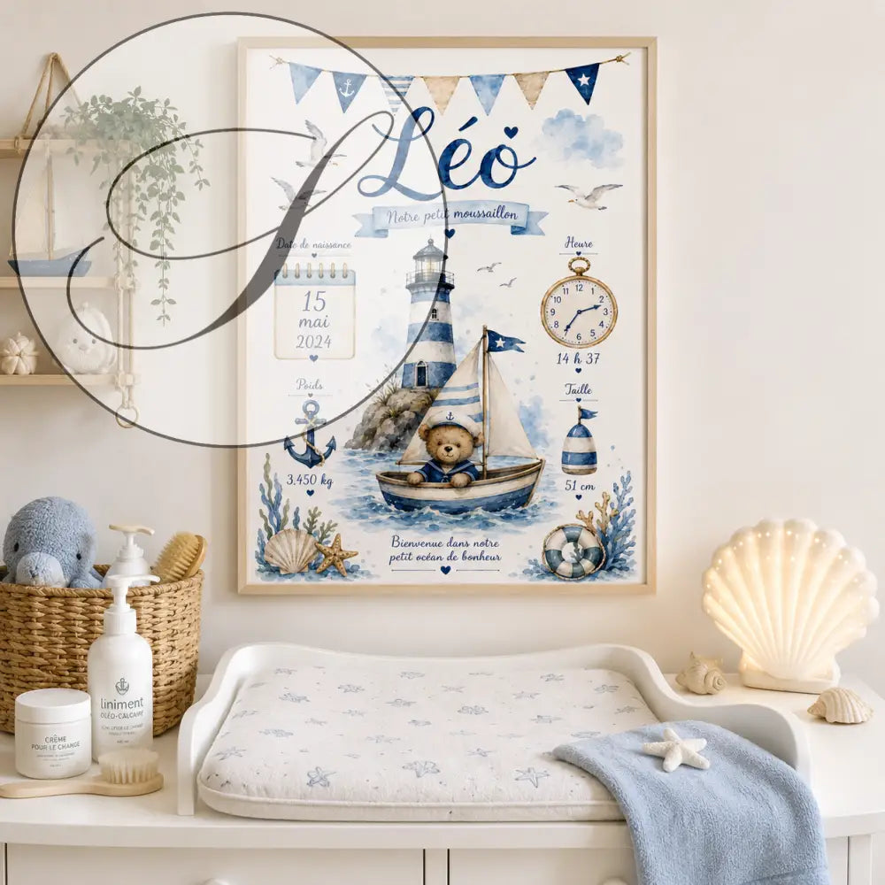 Blue and white nautical birth poster with a teddy in a boat, lighthouse and baby details
