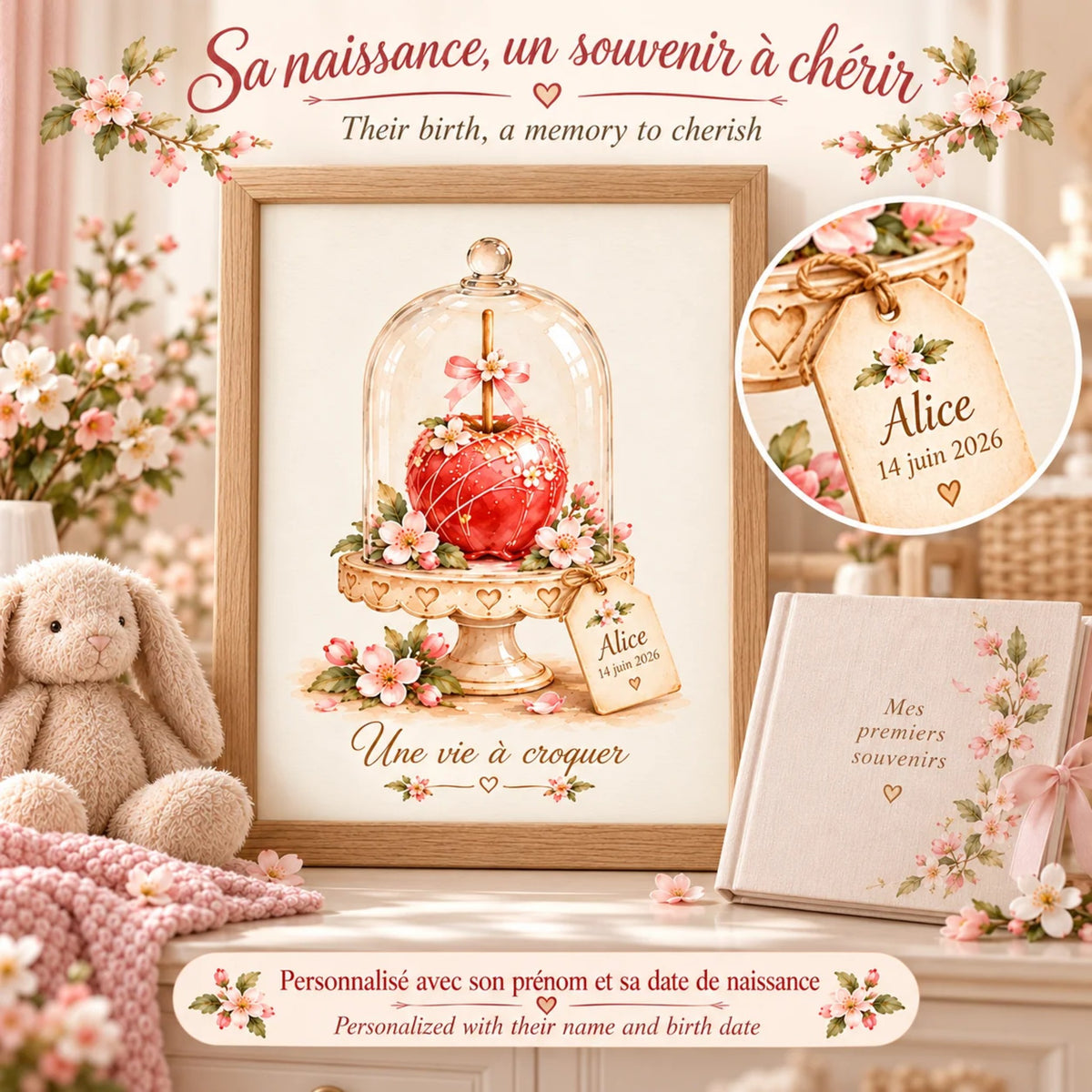 Cadeau naissance : sa naissance, un souvenir à chérir, affiche pomme d'amour encadrée avec prénom et date