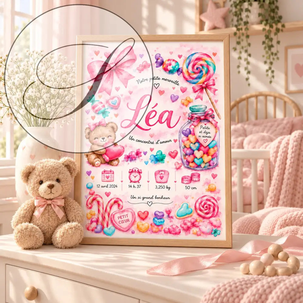 Affiche bonbons et ourson rose avec cadre rose et illustrations bonbons pour cadeau naissance fille personnalisable