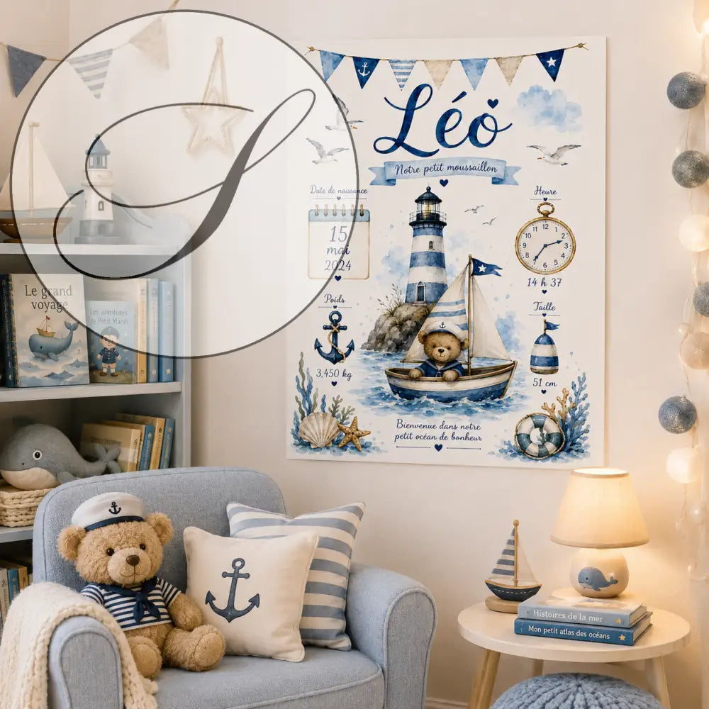 Nautical birth poster with a teddy bear in a sailboat, blue and white lighthouse, anchors, seagulls and the name Léo