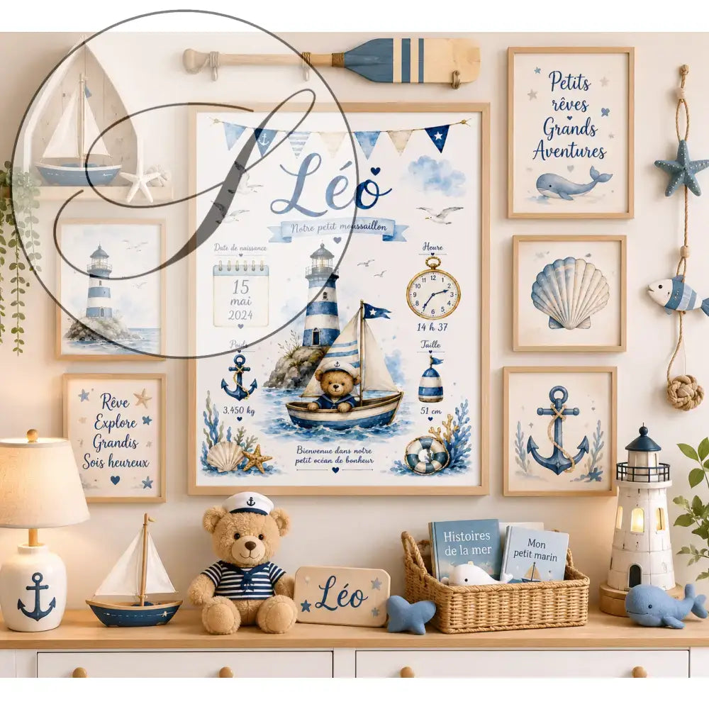 Framed nautical baby poster with a teddy bear in a sailor hat