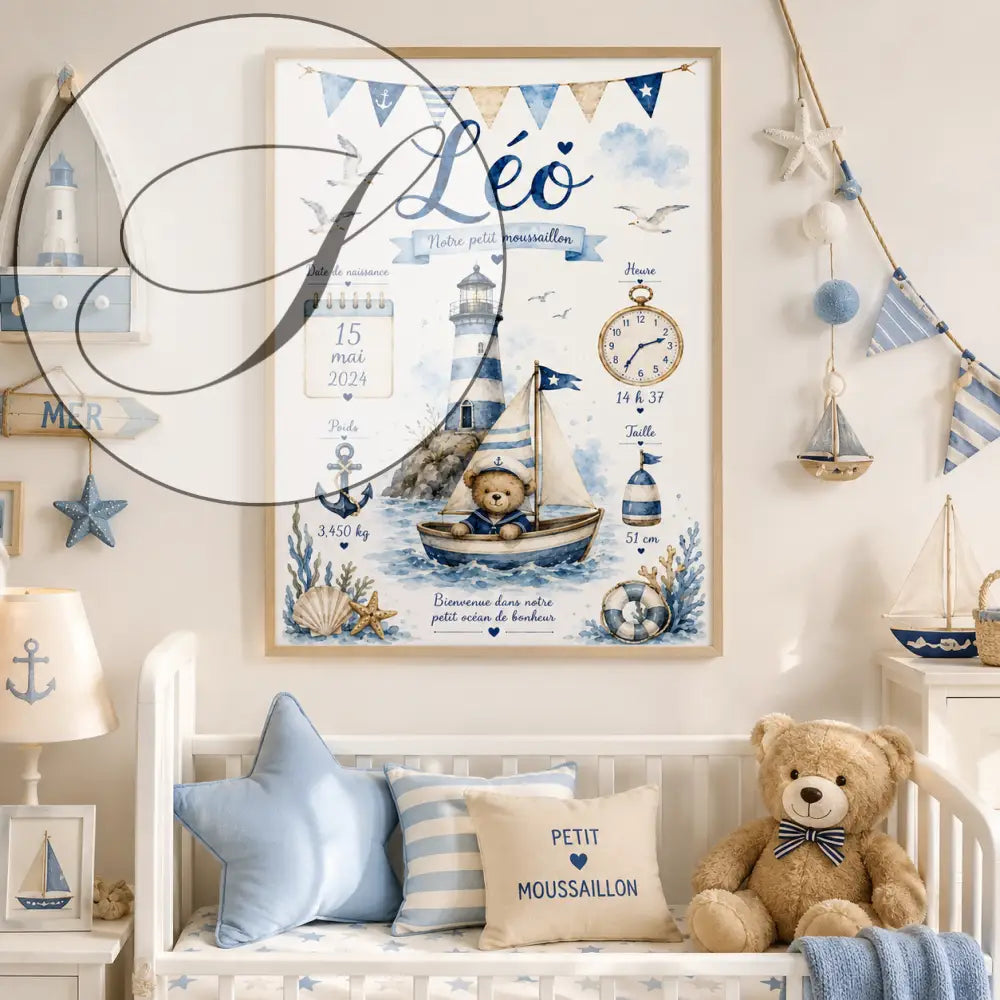 Nautical birth announcement frame with a teddy in a boat, blue and white lighthouse, seagulls, anchors and baby details