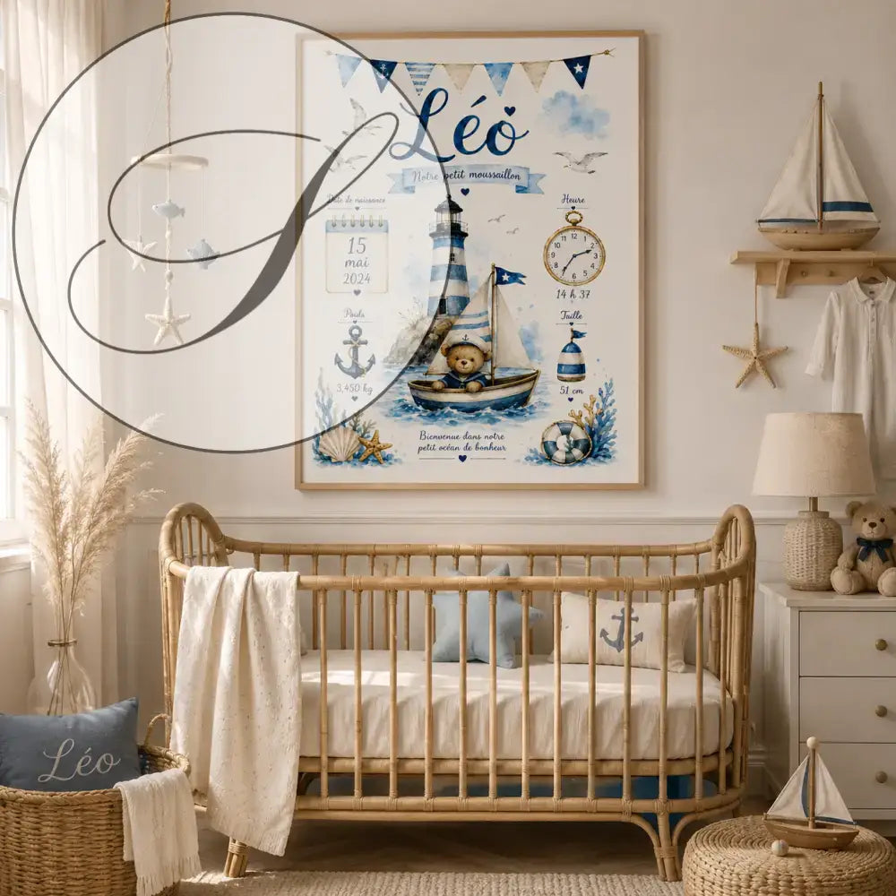 Nautical birth poster with a blue and white striped lighthouse, sailboat with teddy, seagulls and baby details