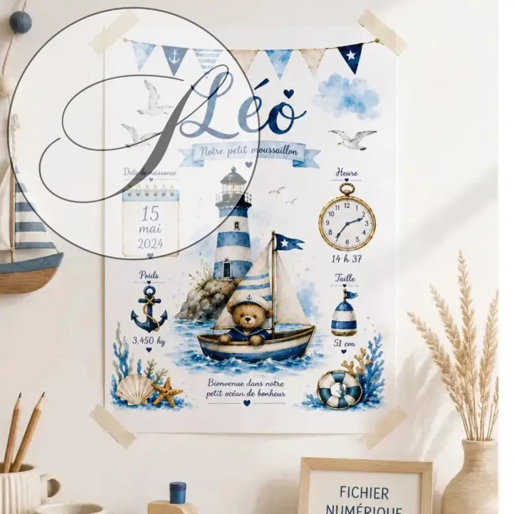 Nautical baby birth poster with a watercolour teddy in a blue striped boat