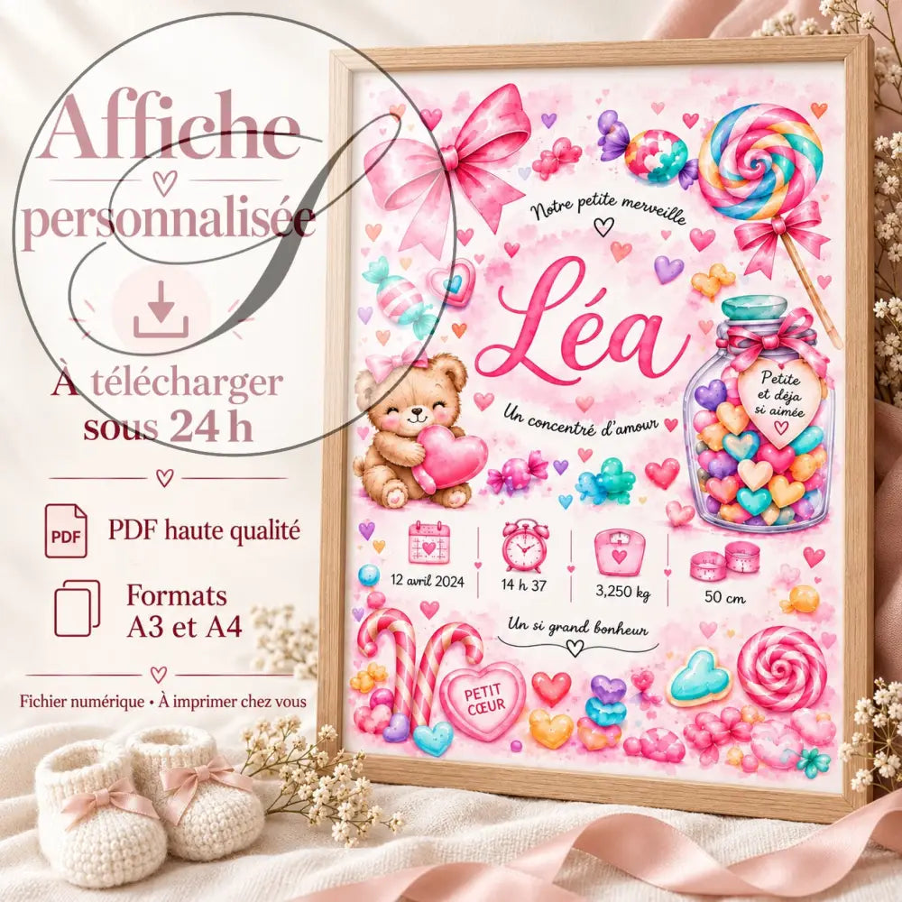 Affiche bonbons et ourson rose prénom personnalisé avec cadre rose léa cadeau naissance fille mural décoratif