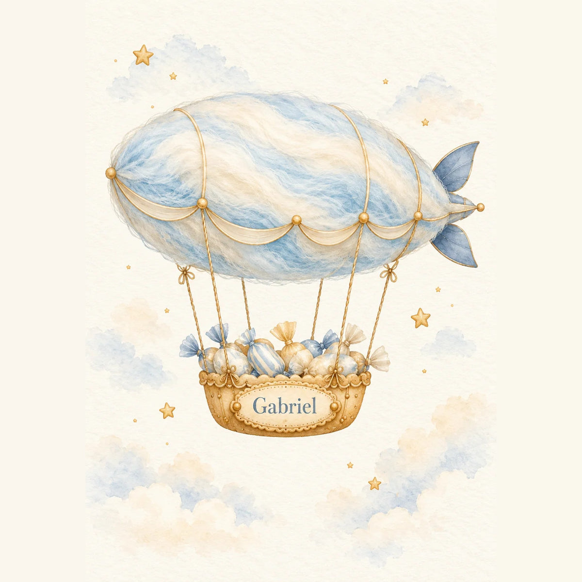Cadeau naissance personnalisé : affiche dirigeable bleu et blanc avec nacelle de bonbons au prénom de bébé