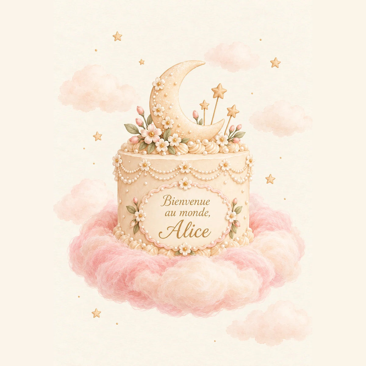 Cadeau naissance personnalisé : affiche gâteau surmonté d'une lune sur un nuage rose, Bienvenue au monde et prénom