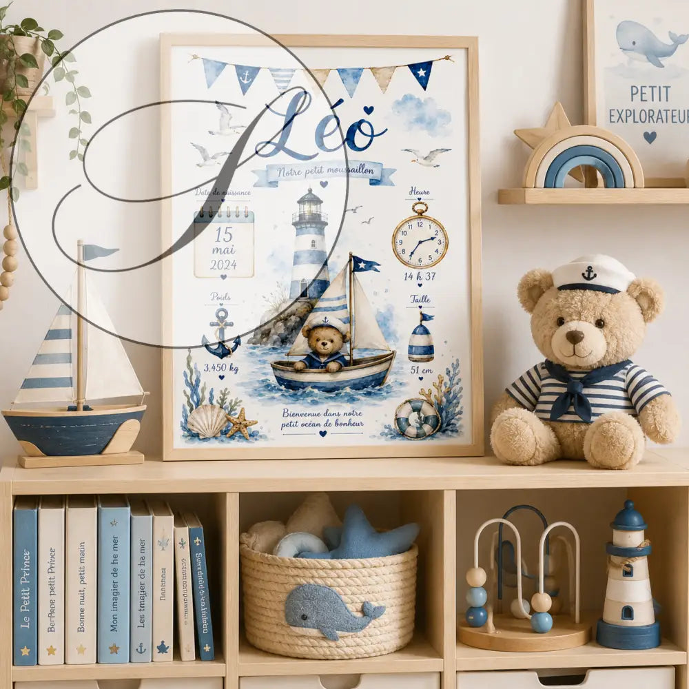Nautical birth frame with a bear in a boat, lighthouse and seagulls in blue and white watercolour
