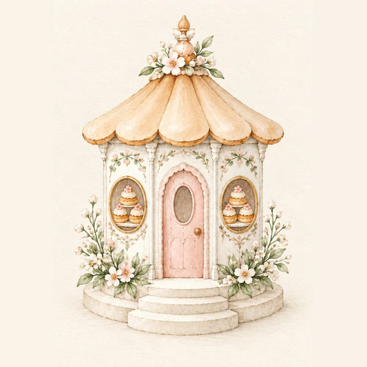 Cadeau naissance : affiche petit kiosque pâtisserie au toit doré, porte rose et choux à la crème en vitrine