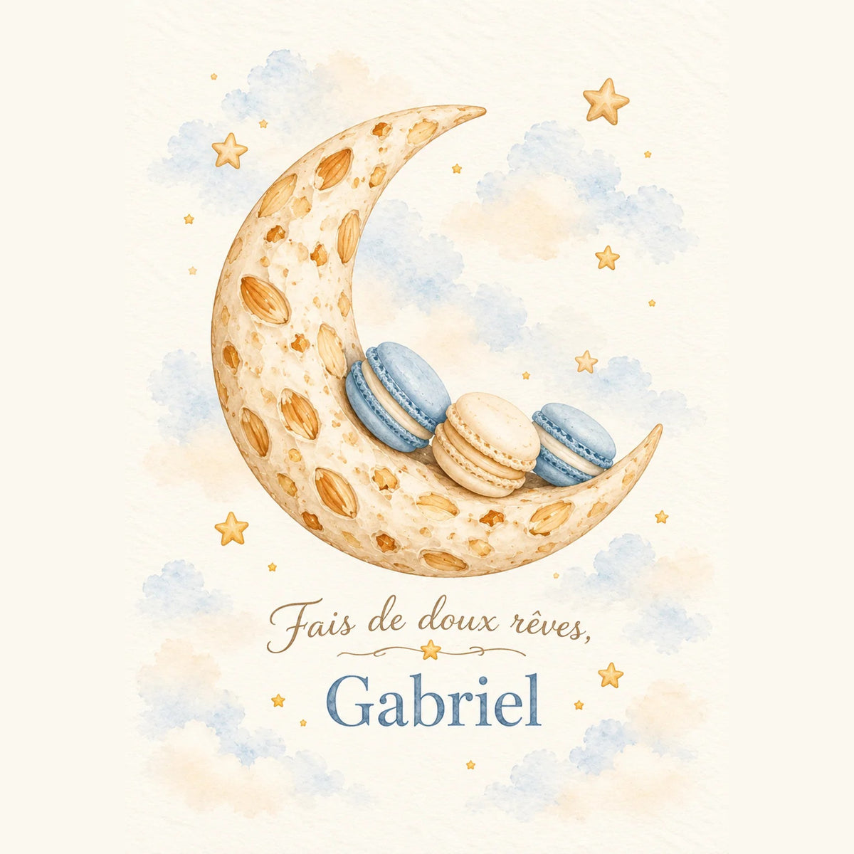Cadeau naissance personnalisé : affiche lune en biscuit et macarons bleus, Fais de doux rêves et prénom de bébé