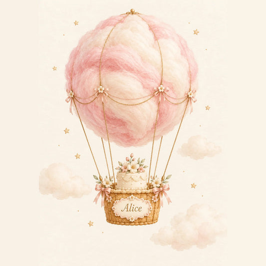 Cadeau naissance personnalisé : affiche montgolfière en barbe à papa rose avec nacelle au prénom de bébé