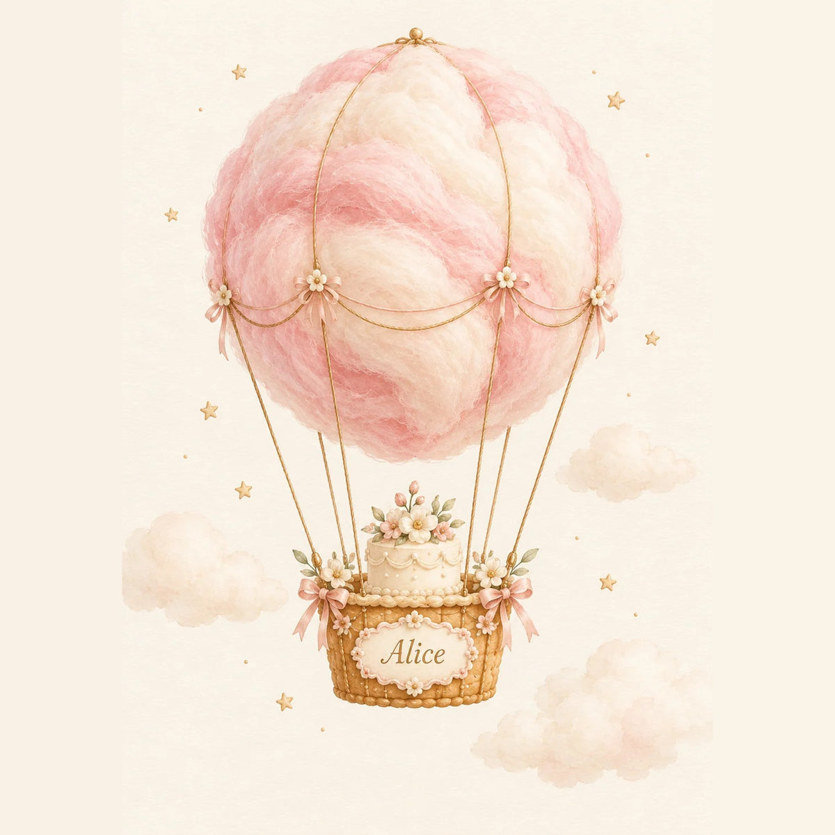 Cadeau naissance personnalisé : affiche montgolfière en barbe à papa rose avec nacelle au prénom de bébé