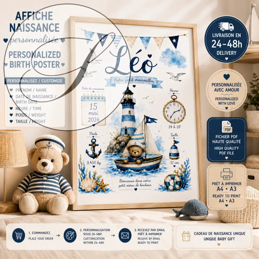Personalized nautical birth poster with a blue and white striped lighthouse and a watercolour sailor teddy