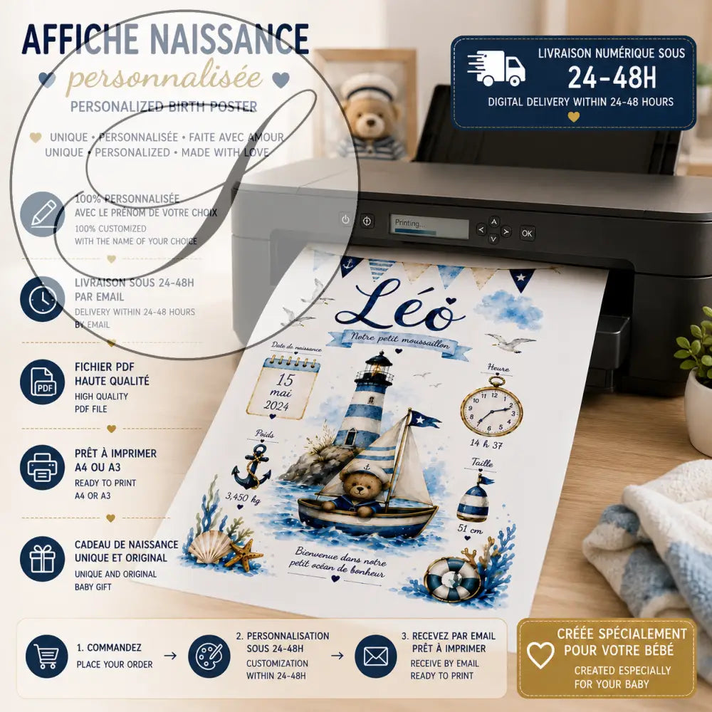 Affiche de naissance personnalisée avec illustration aquarelle dourson dans bateau phare rayé bleu et blanc avec éléments nautiques