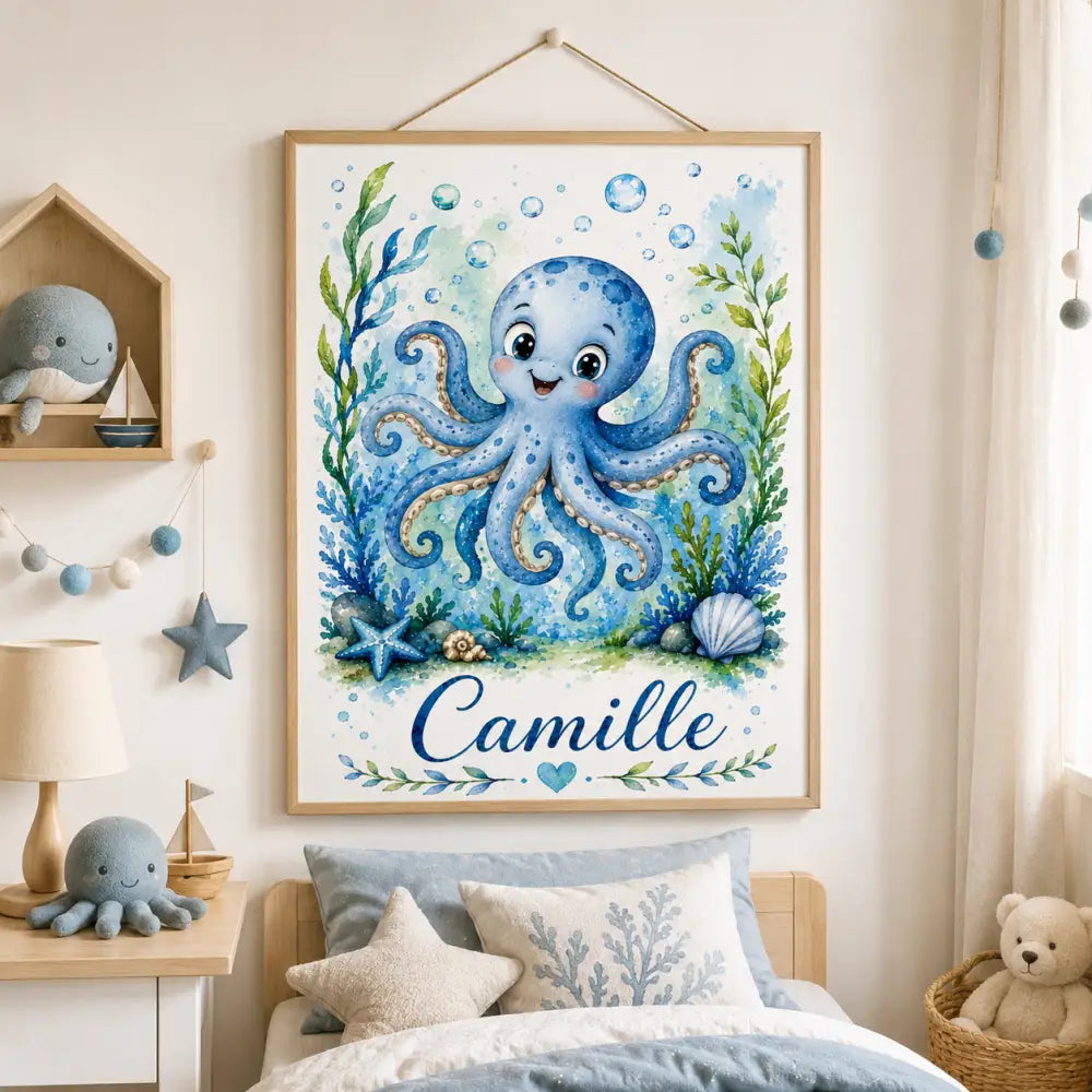 Affiche personnalisée enfant bleu thème pieuvre en aquarelle cadre bois clair cadeau naissance original
