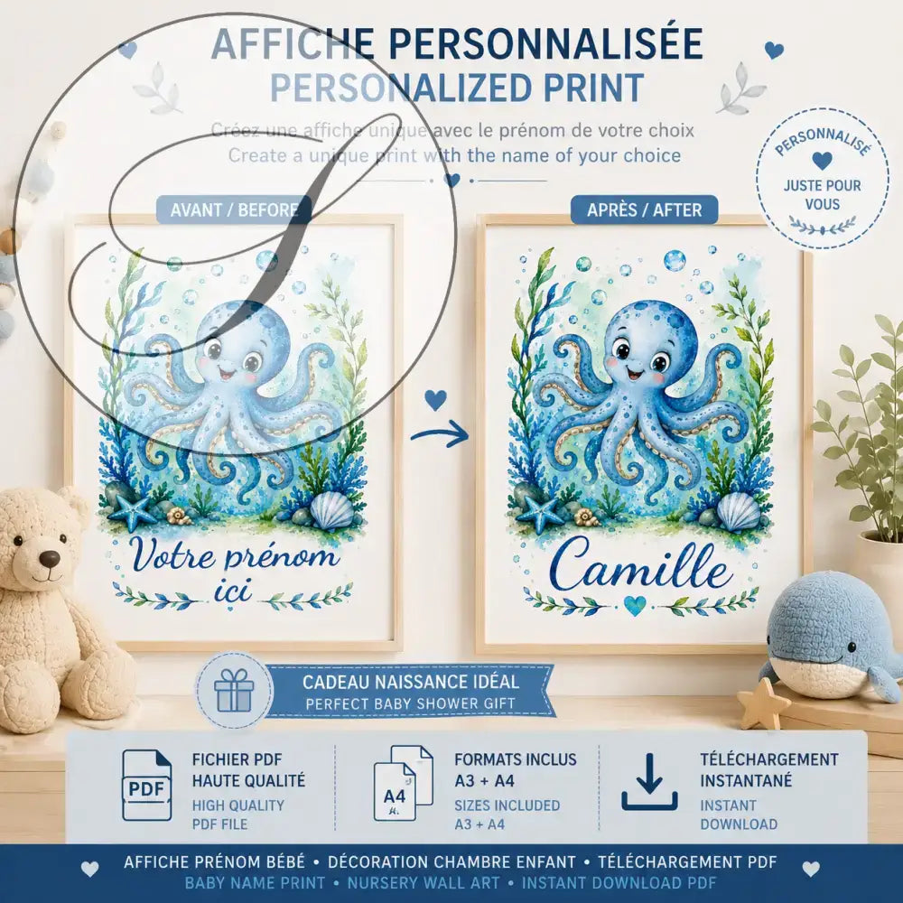 Personalized blue octopus child name print, watercolour ocean design, unique baby gift
