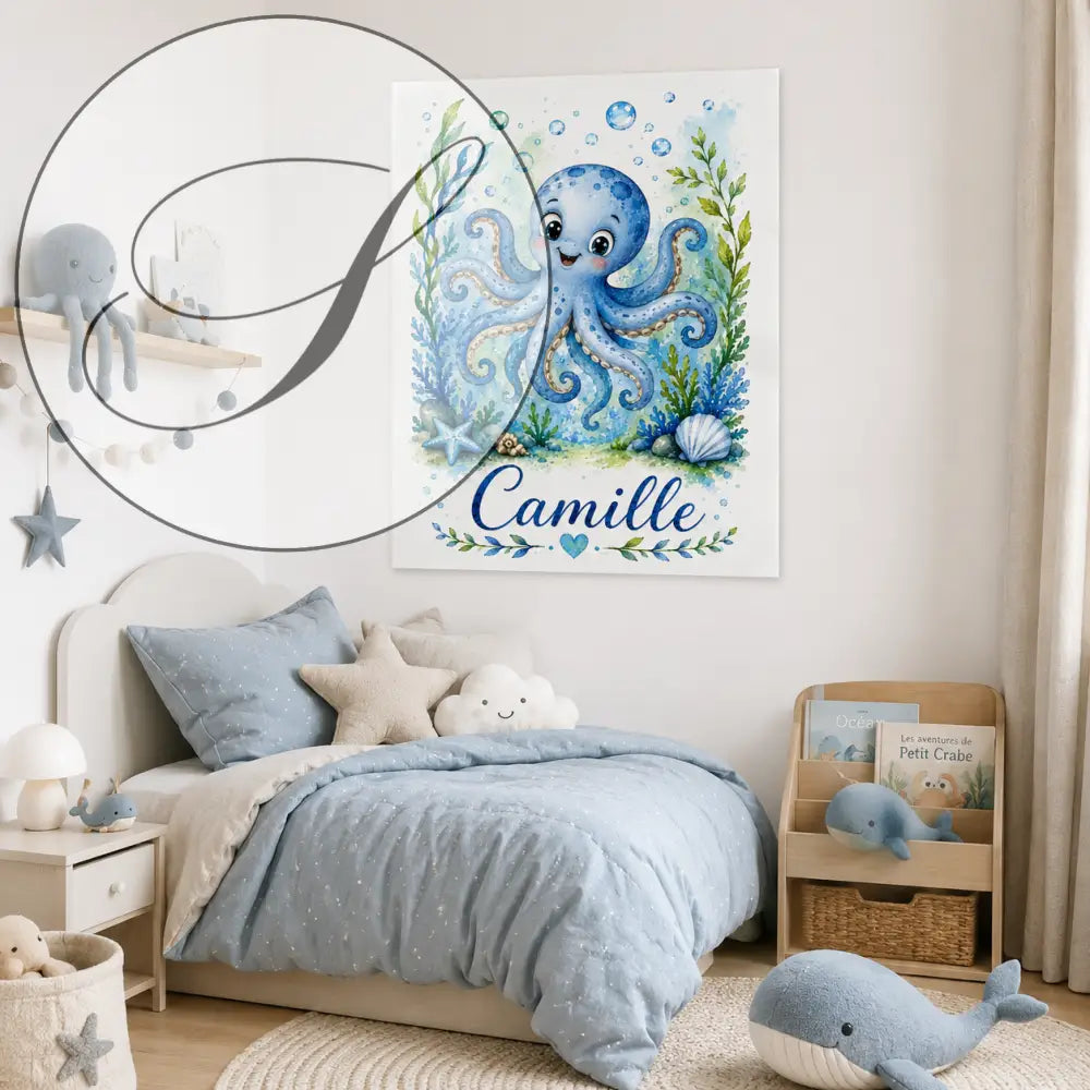 Affiche personnalisée enfant aquarelle avec pieuvre bleue souriante et prénom camille, cadeau naissance original