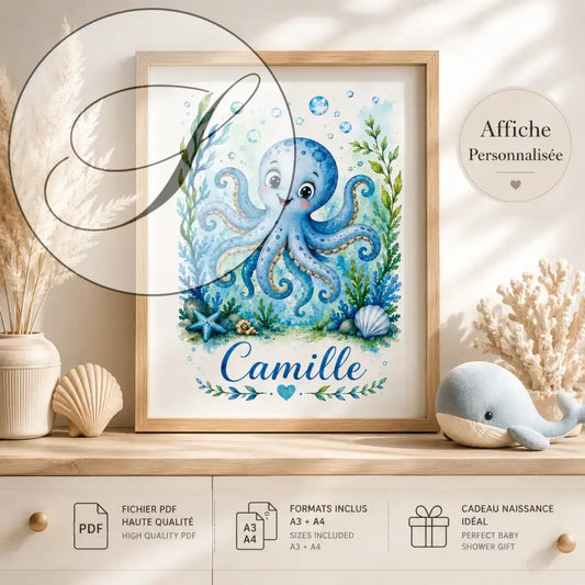 Affiche personnalisée prénom enfant aquarelle avec illustration dpieuvre bleue encadrée cadeau naissance original