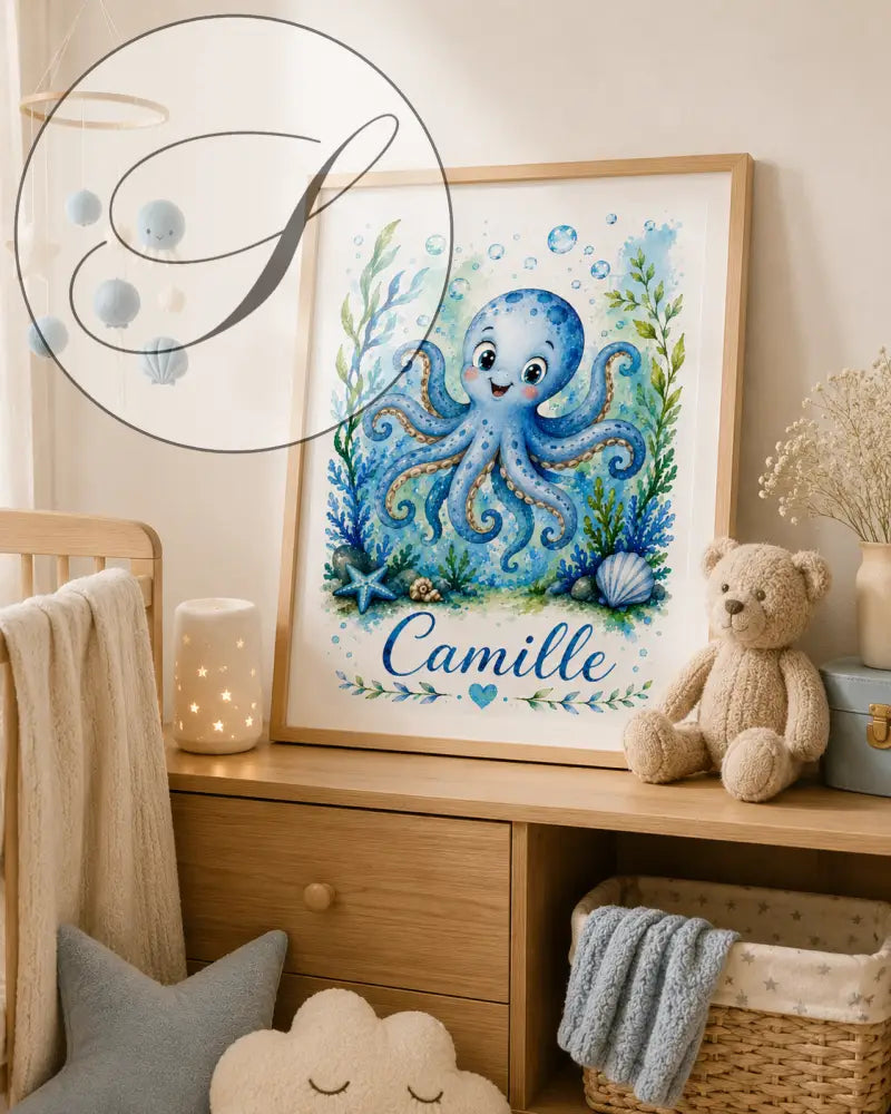 Personalized watercolour child name print with a blue octopus in a light wood frame, unique baby gift
