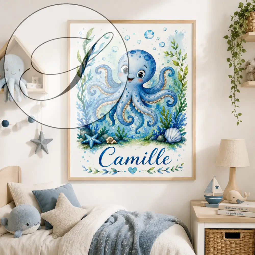 Personalized blue watercolour child name print with an octopus in a light wood frame, unique baby gift