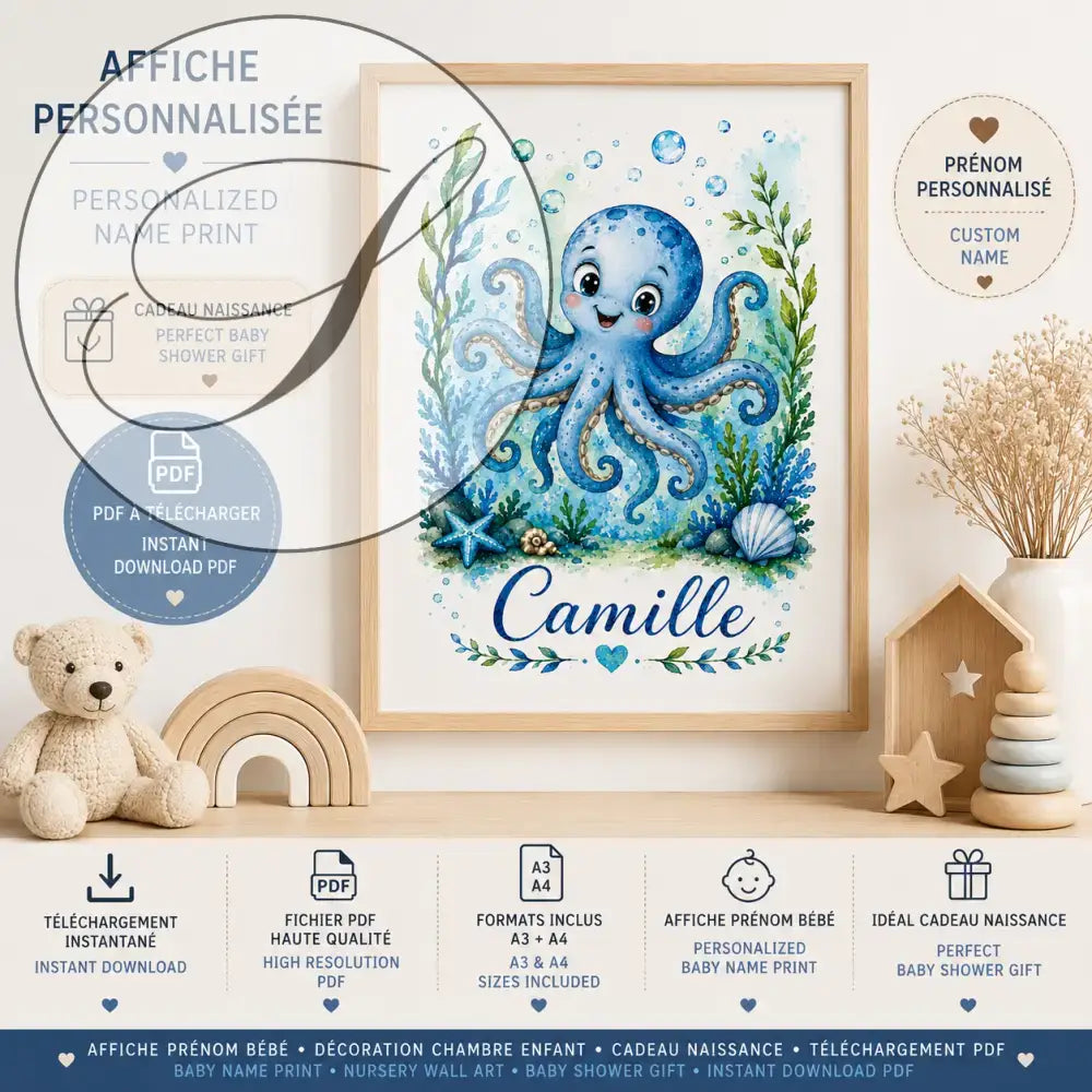 Personalized watercolour child name print with a blue octopus, light wood frame, unique baby gift