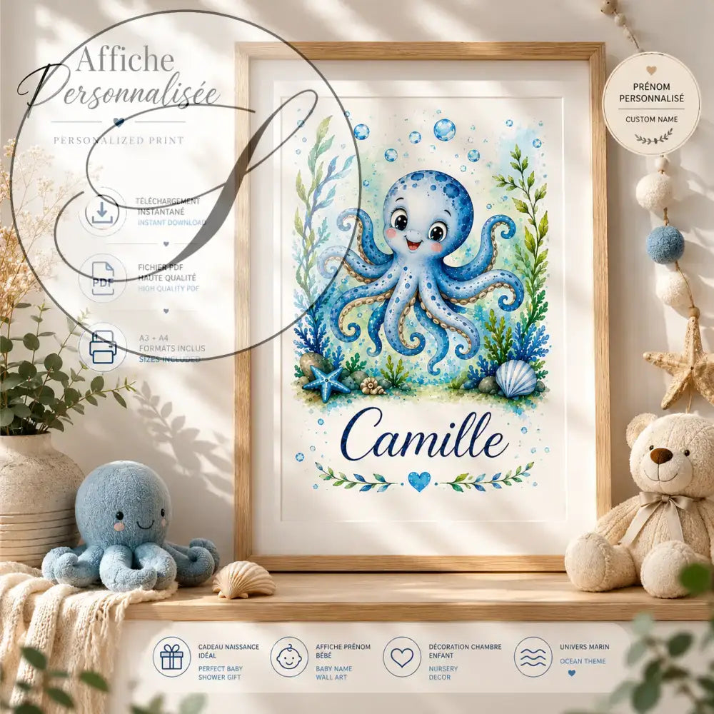 Personalized blue watercolour child poster in a wooden frame with the name Camille and sea plants, unique baby gift