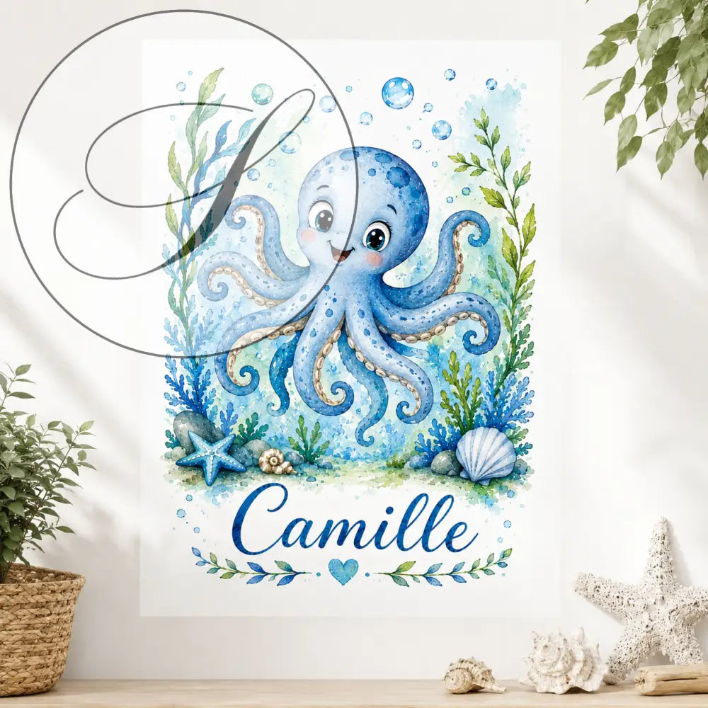 Personalized child name print with an original blue watercolour illustration, unique baby gift