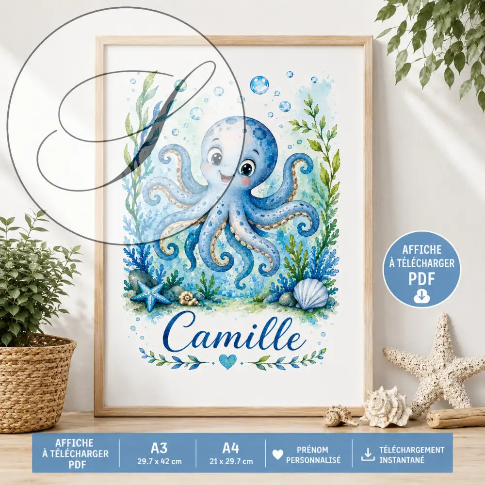 Personalized blue watercolour child name print with an octopus, light wood frame, unique baby gift