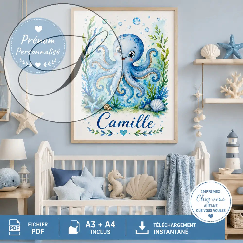 Personalized child poster with a blue octopus in a light wood frame and the name Camille, unique baby gift