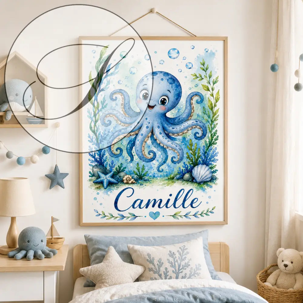 Affiche personnalisée enfant bleu thème pieuvre en aquarelle cadre bois clair cadeau naissance original