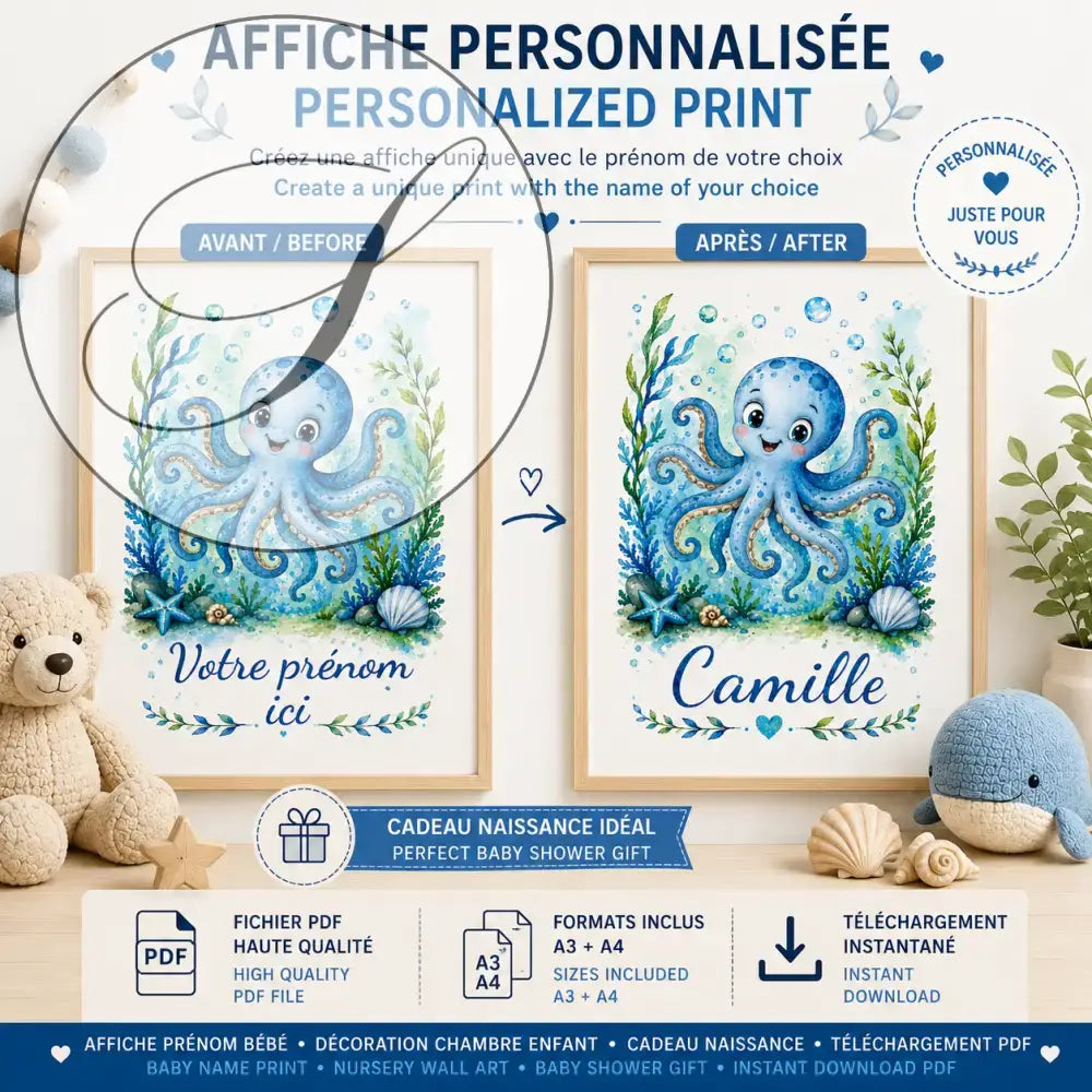 Personalized blue child name print with a watercolour octopus and ocean design, unique baby gift