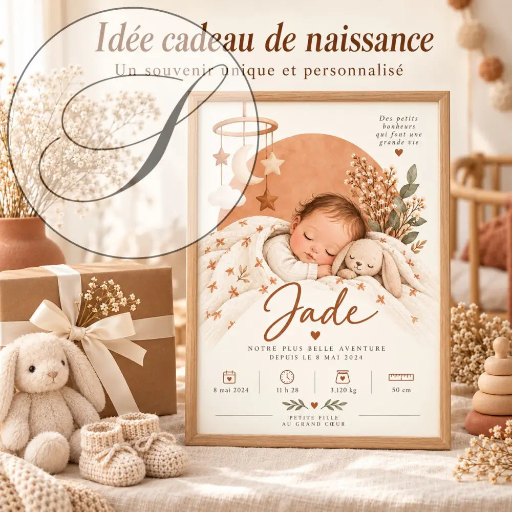 Affiche bébé endormi et doudou lapin avec prénom personnalisé en tons pastel pour cadeau naissance fille