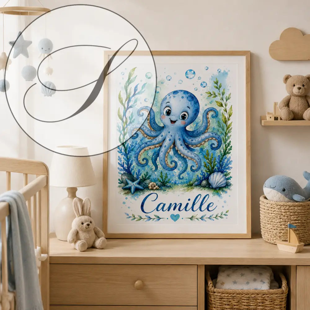Personalized watercolour child poster with a blue and gold octopus and the name Camille, unique baby gift
