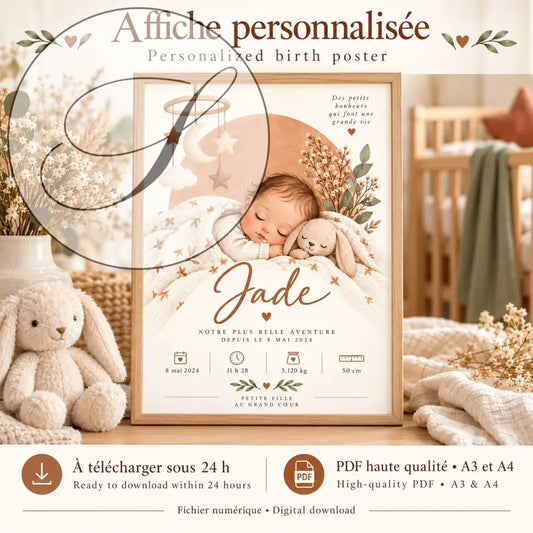 Affiche bébé endormi prénom jade avec doudou lapin en tons pêche et crème cadeau naissance fille