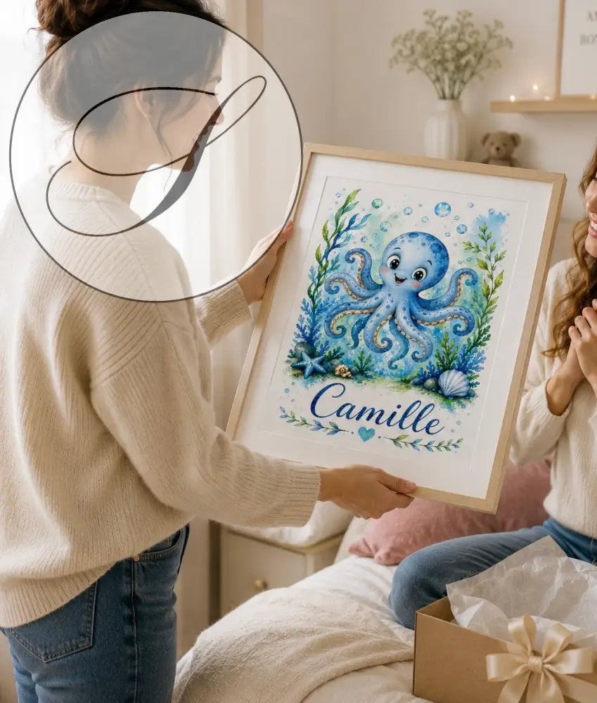 Personalized watercolour child name print with a blue octopus and the name Camille, unique baby gift